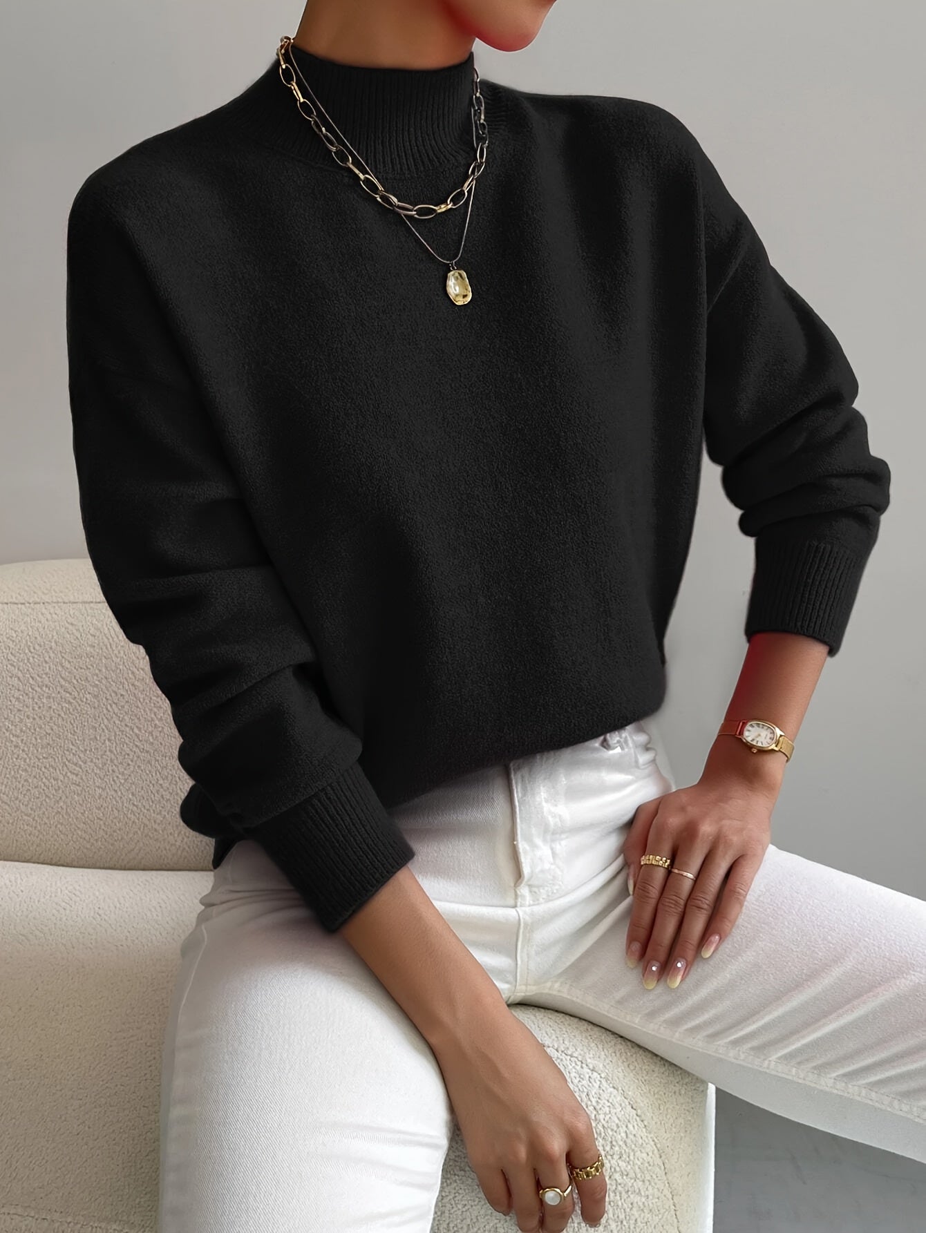 Jesie-London Emily women's spring comfortable mock neck sweater, soft knit, in pastel color, perfect for casual wear