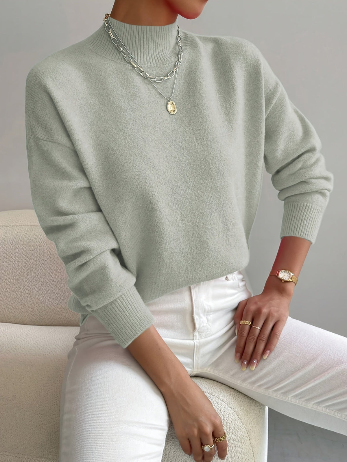 Jesie-London Emily women's spring mock neck sweater in soft, comfortable fabric, shown in a stylish, relaxed fit.