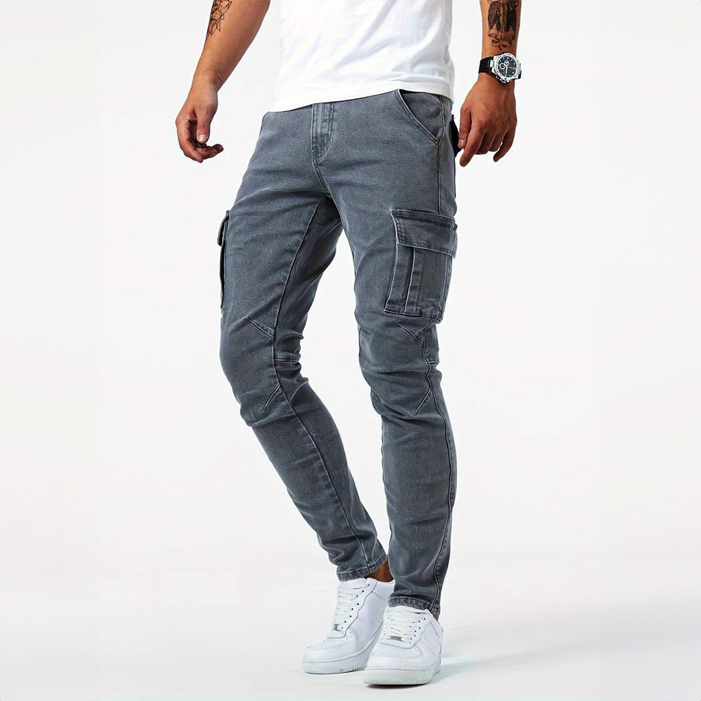Men's slim fit cargo pants with side flap pockets by Jesie-London, featuring a modern, tailored design and functional cargo style.