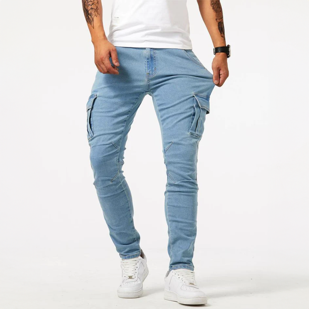 Men's slim fit cargo pants by Jesie-London featuring side flap pockets and a modern, tailored design.