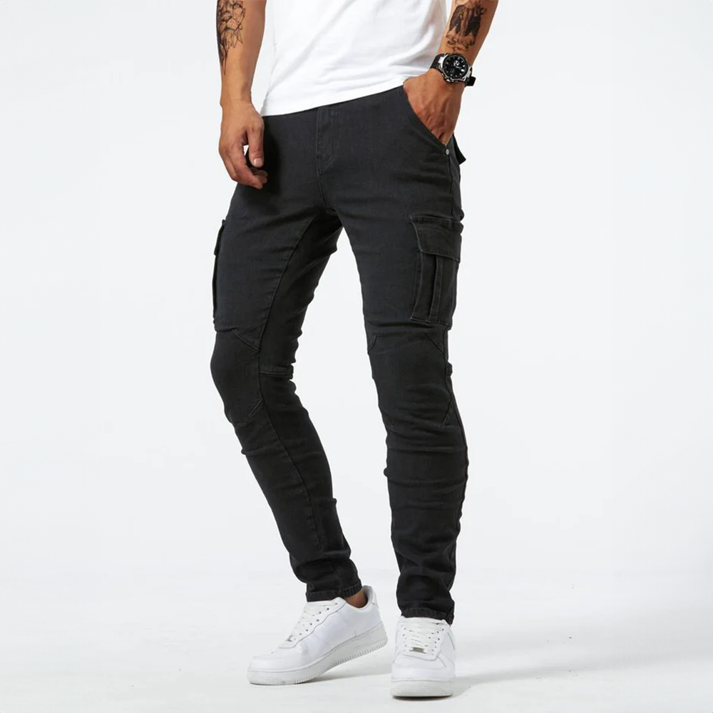 Men's slim fit cargo pants with side flap pockets by Jesie-London, featuring a modern, tailored design perfect for casual wear.