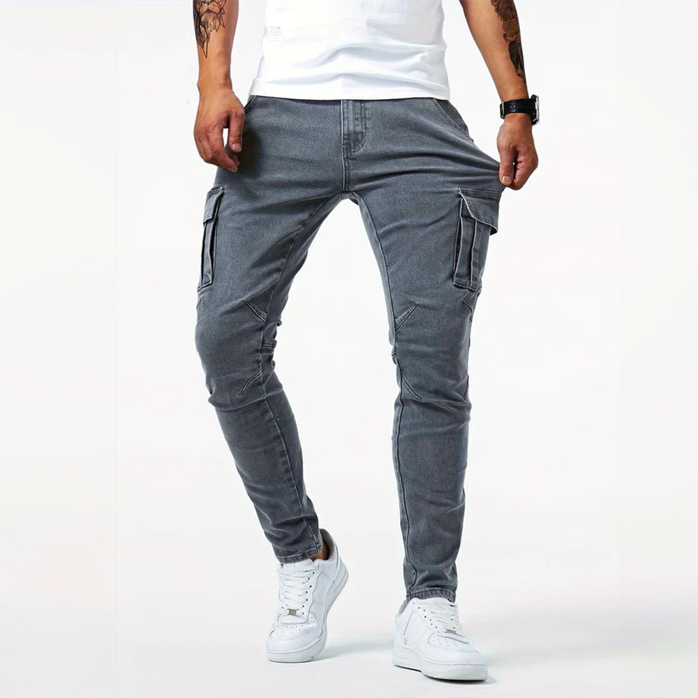 Men's slim fit cargo pants by Jesie-London with side flap pockets, showcasing a modern, tailored design and versatile style.