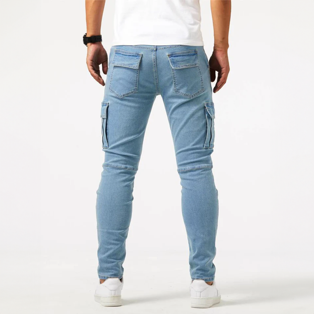 Men's slim fit cargo pants by Jesie-London with side flap pockets, tailored for a modern, sleek look.
