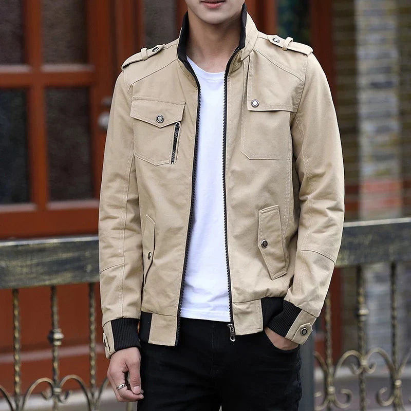 Men's zip-up casual bomber jacket with stand collar and utility style from Jesie-London, shown in a front view.