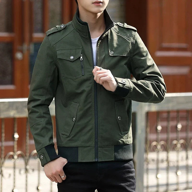 Men's zip-up casual bomber jacket with stand collar and utility pockets by Jesie-London