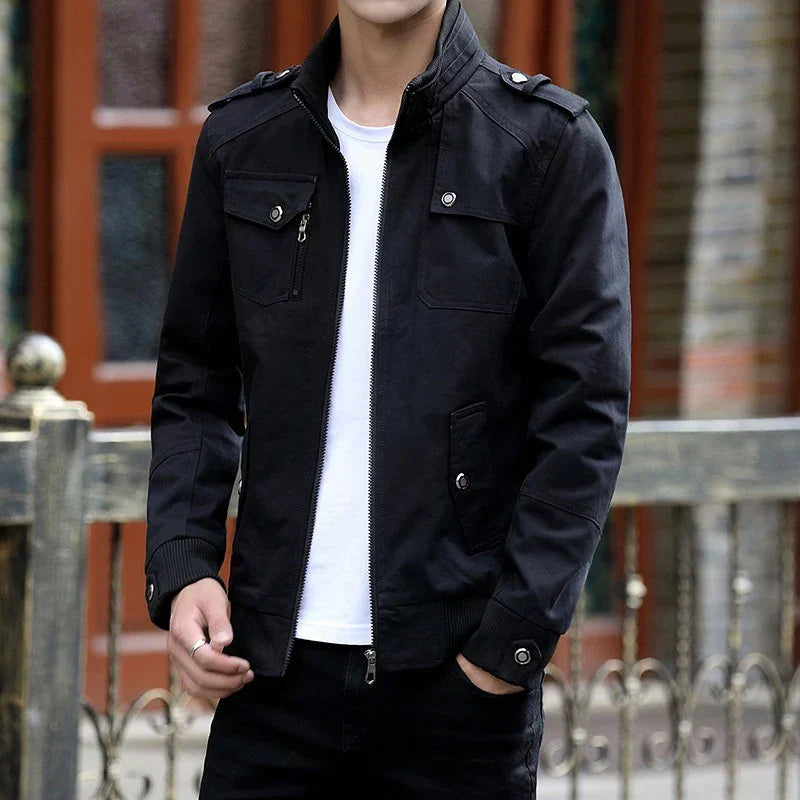 Men's zip-up casual bomber jacket with stand collar and utility design by Jesie-London, shown in a front view.