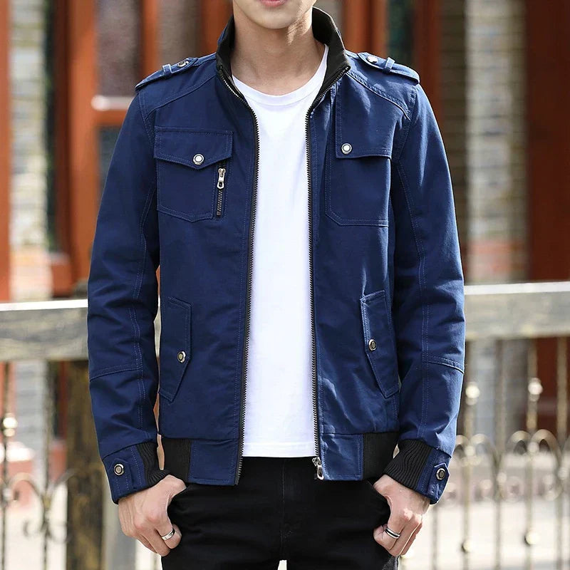 Men's zip-up casual bomber jacket with stand collar and utility pockets, by Jesie-London.