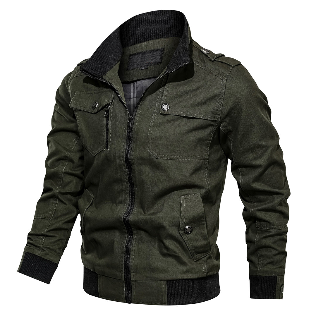 Men's zip-up casual bomber jacket with stand collar and utility pockets by Jesie-London, shown in a front view.