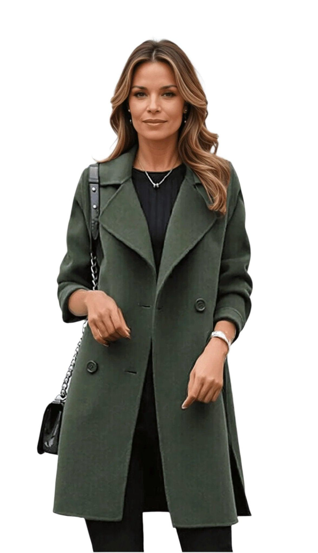 Jesie-London Scarlett women's double-breasted longline wool trench coat in a classic winter style.