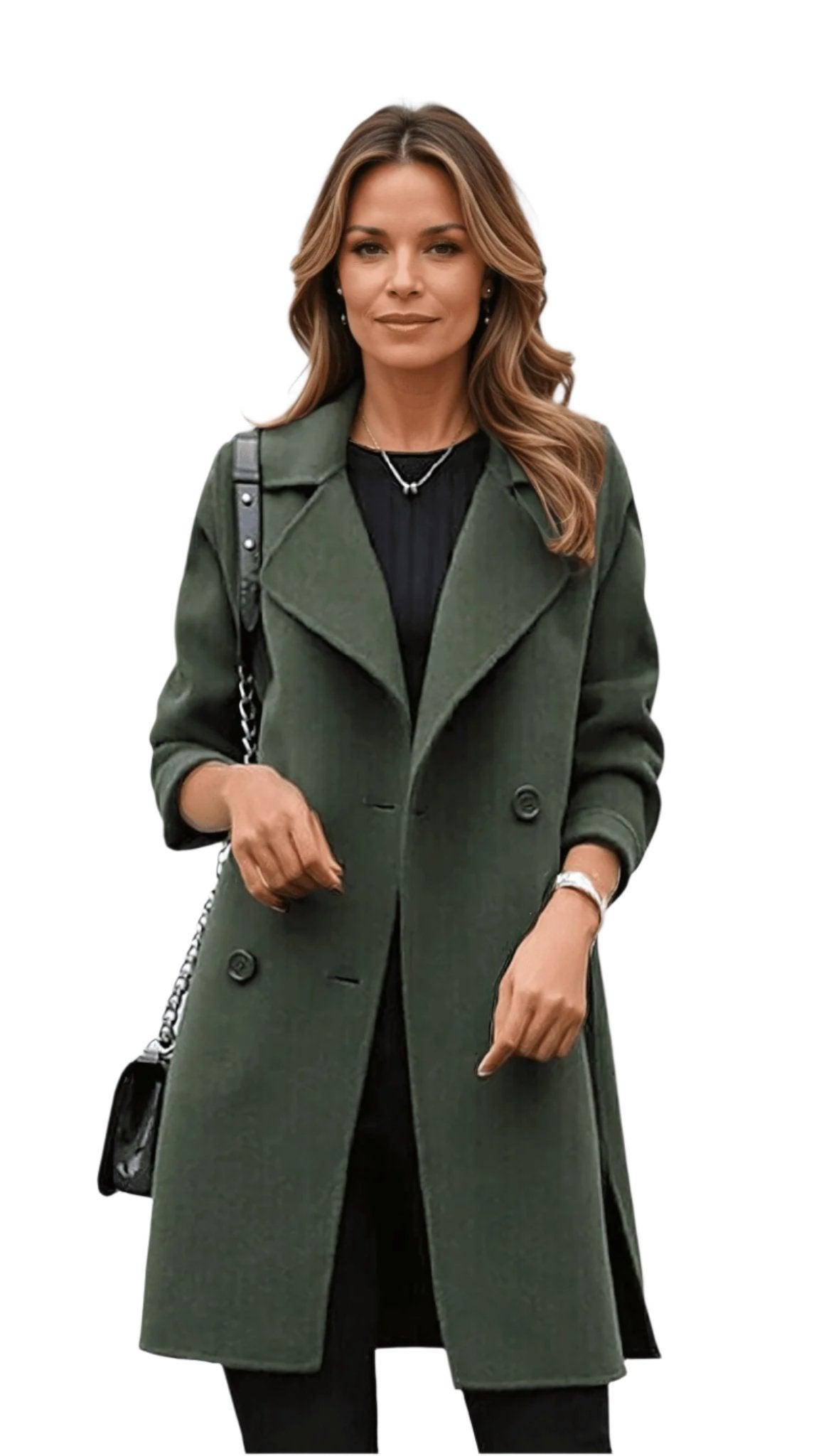 Jesie-London Scarlett women's double-breasted longline wool trench coat in a classic winter style.