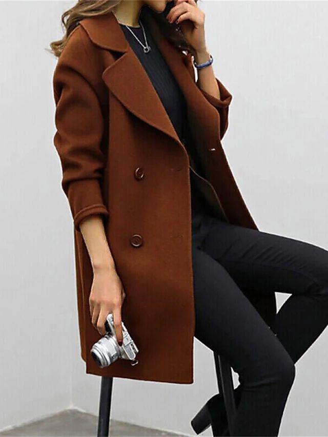 Jesie-London Scarlett women's double-breasted longline wool trench coat in a classic winter style.