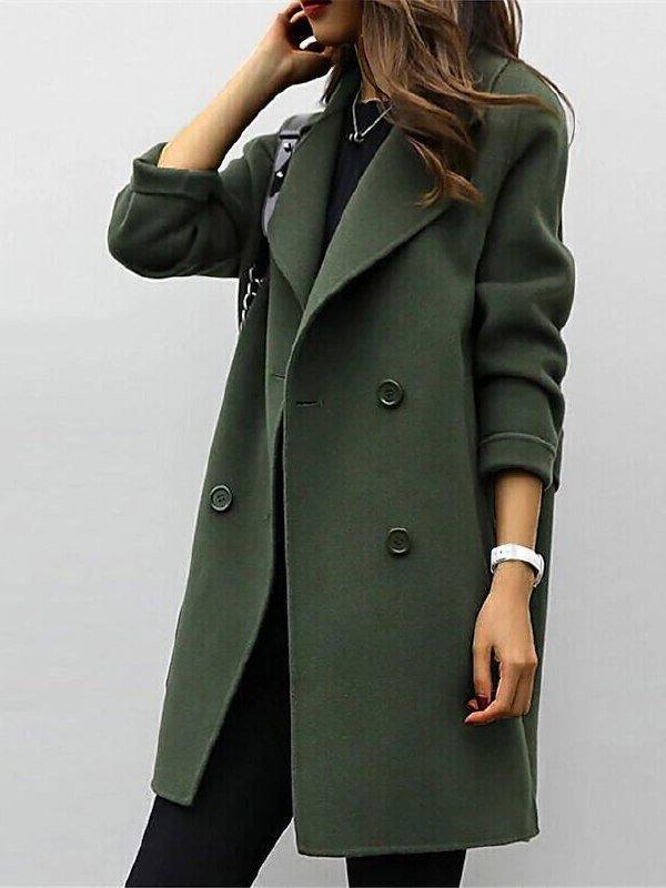 Jesie-London Scarlett women's double-breasted longline wool trench coat in gray, shown on a model with a classic winter style.