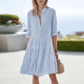 Jesie-London Grace women's striped button-front midi dress displayed on a hanger, featuring a classic pattern and elegant design.