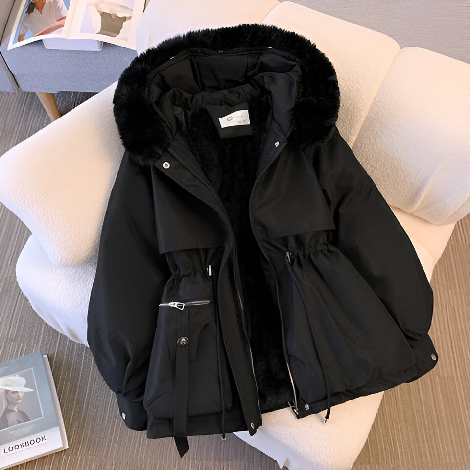 Rachel women’s casual winter coat with drawstring waist from Jesie-London, shown in a cozy, stylish winter outerwear design.