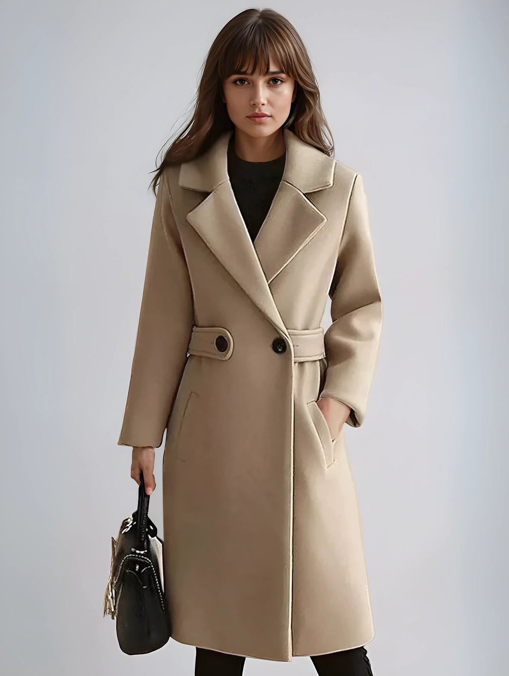 Eleanor women's elegant long formal trench coat by Jesie-London, shown in a sophisticated beige color with tailored fit.