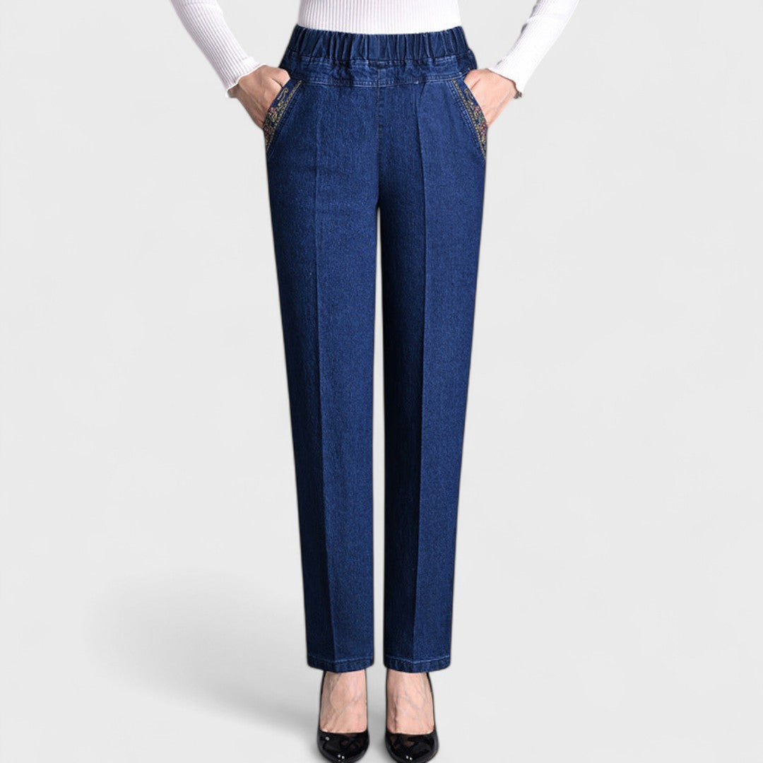 Beatrice women's stretch jeans by Jesie-London featuring side pockets and elastic waist, casual and comfortable for everyday wear.
