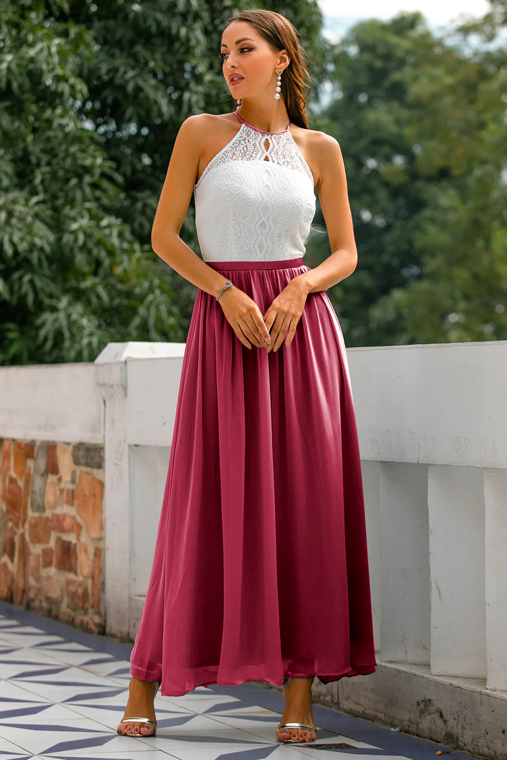 Jesie-London Camille women's halter maxi dress for wedding guests with open back in burgundy, stylish and elegant.