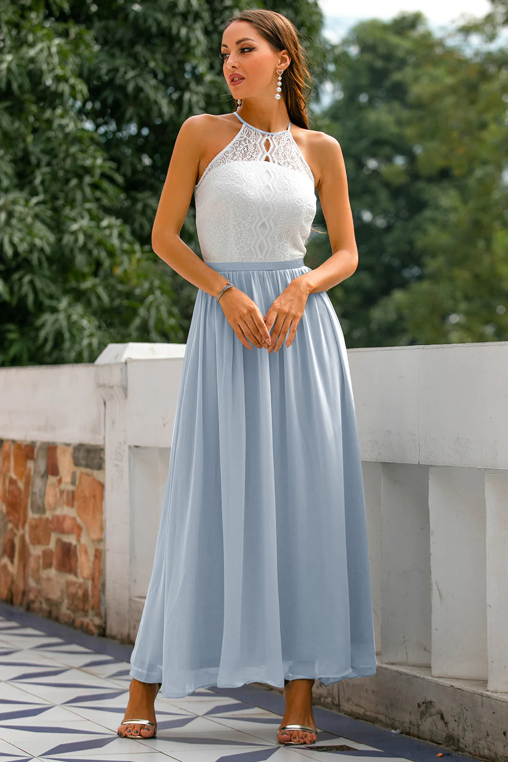 Elegant dusty blue Camille women's halter maxi dress for wedding guests with open back, by Jesie-London.