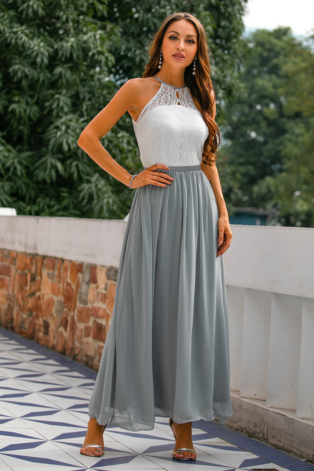 Light grey Camille women's halter maxi dress by Jesie-London featuring an open back, perfect for wedding guests.