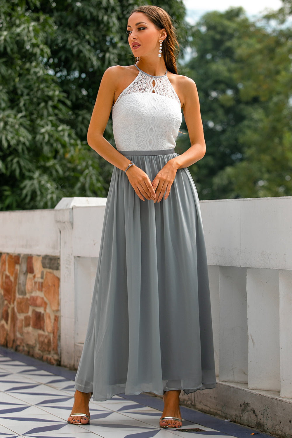 Jesie-London Camille women's halter maxi dress for wedding guests, stylish open-back design in light grey.