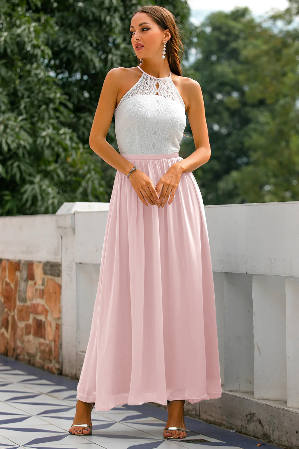 Jesie-London Camille women's wedding guest halter maxi dress with open back in Isabella Old Pink, elegant and stylish for special occasions.