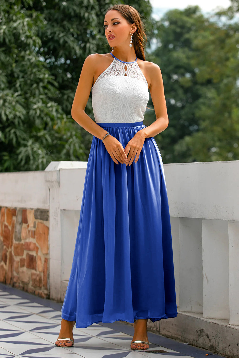 Royal blue Camille women's wedding guest halter maxi dress by Jesie-London with an open back, elegant and stylish for special occasions.