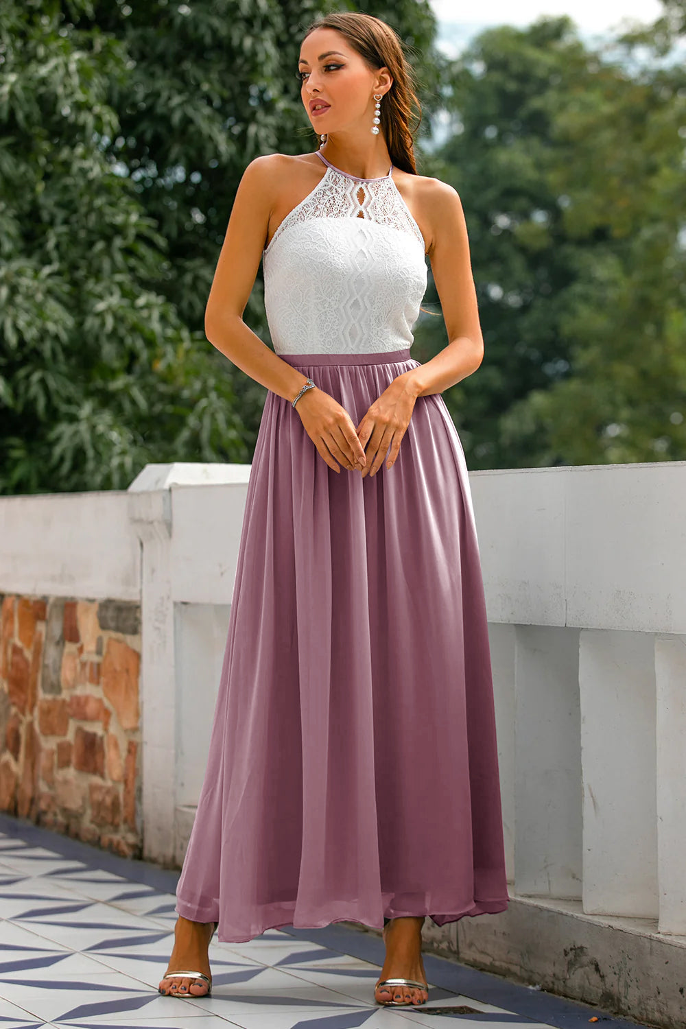 Jesie-London Camille women's wedding guest halter maxi dress with open back, vintage mauve color, elegant evening attire.