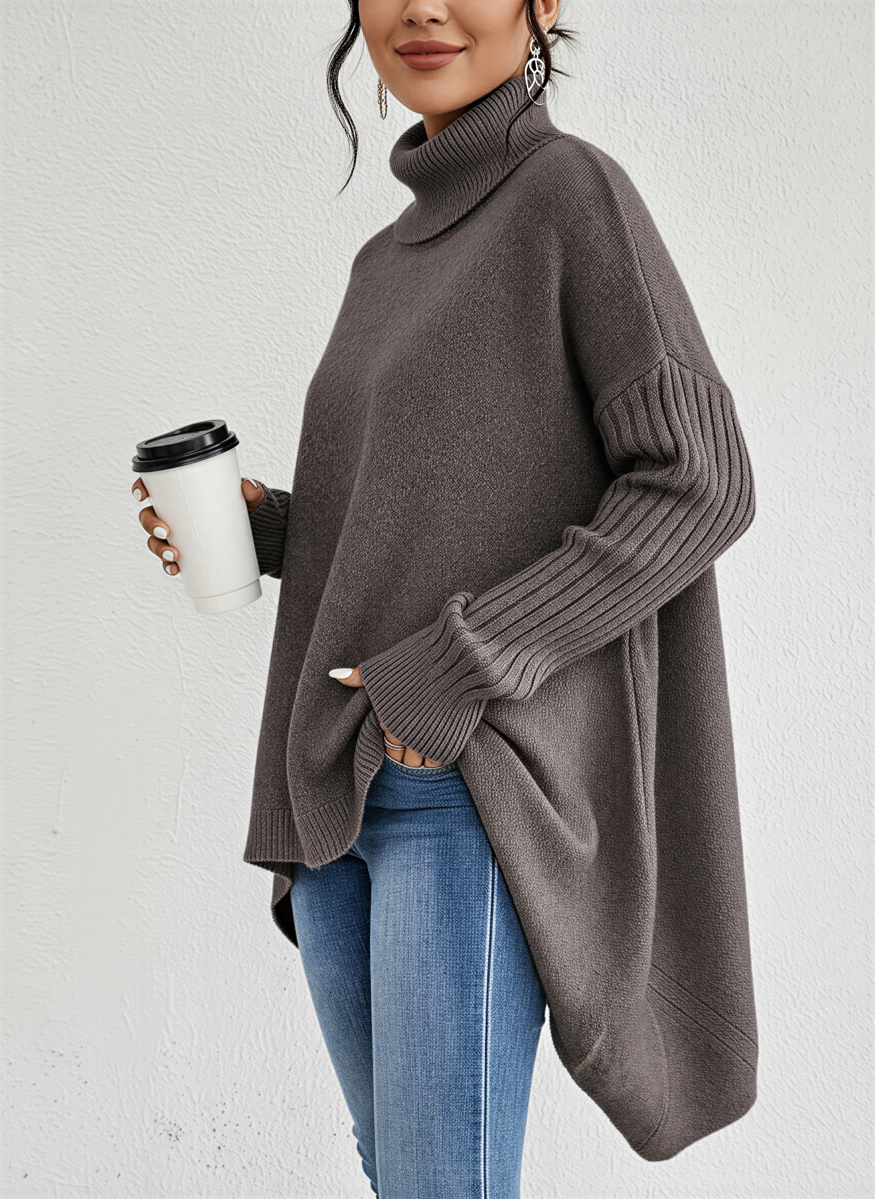 Jesie-London Alice women's oversized turtleneck sweater with front pocket, cozy knit, in neutral color.