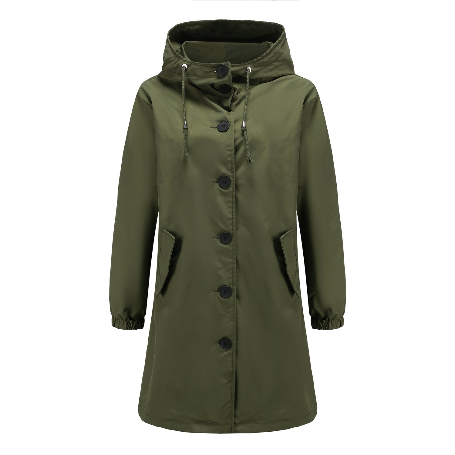 Elsie women's relaxed fit drawstring hood coat in army green by Jesie-London, showing front view with hood and pockets.