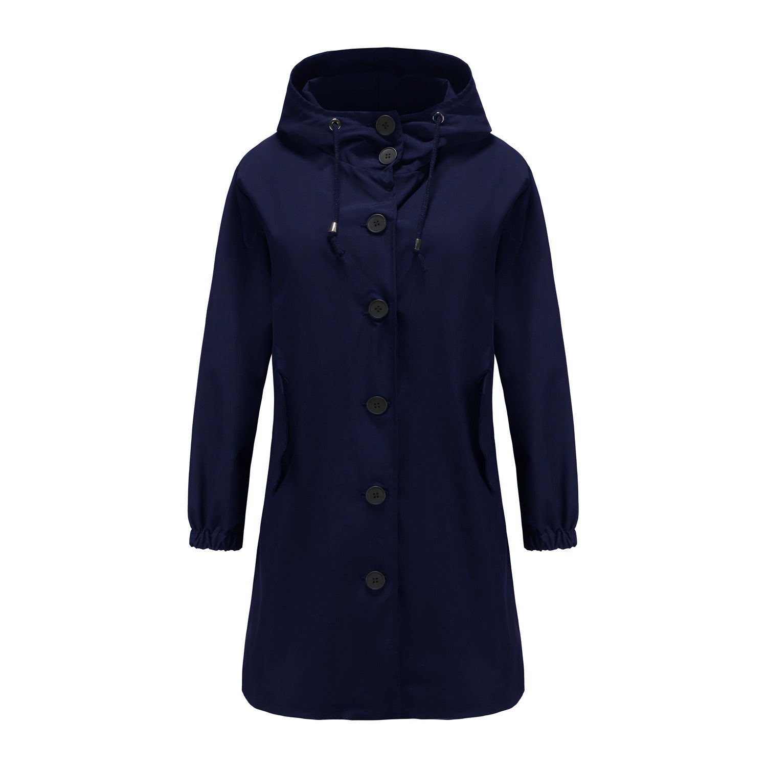Blue Jesie-London Elsie women's relaxed fit drawstring hood coat displayed on a hanger, showing the casual design and fabric texture.