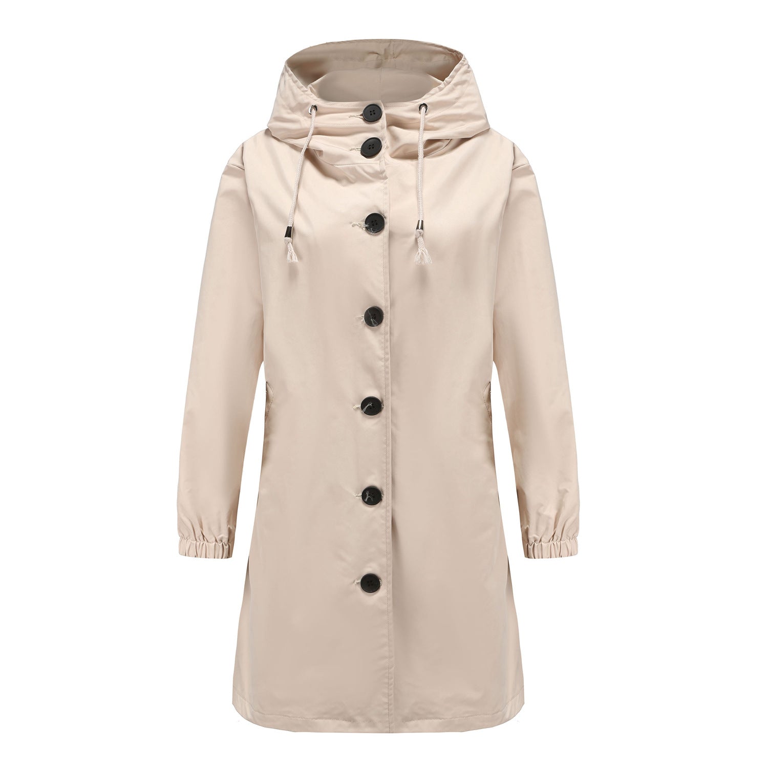 Khaki Elsie women's relaxed fit drawstring hood coat by Jesie-London, shown in a stylish outdoor setting.