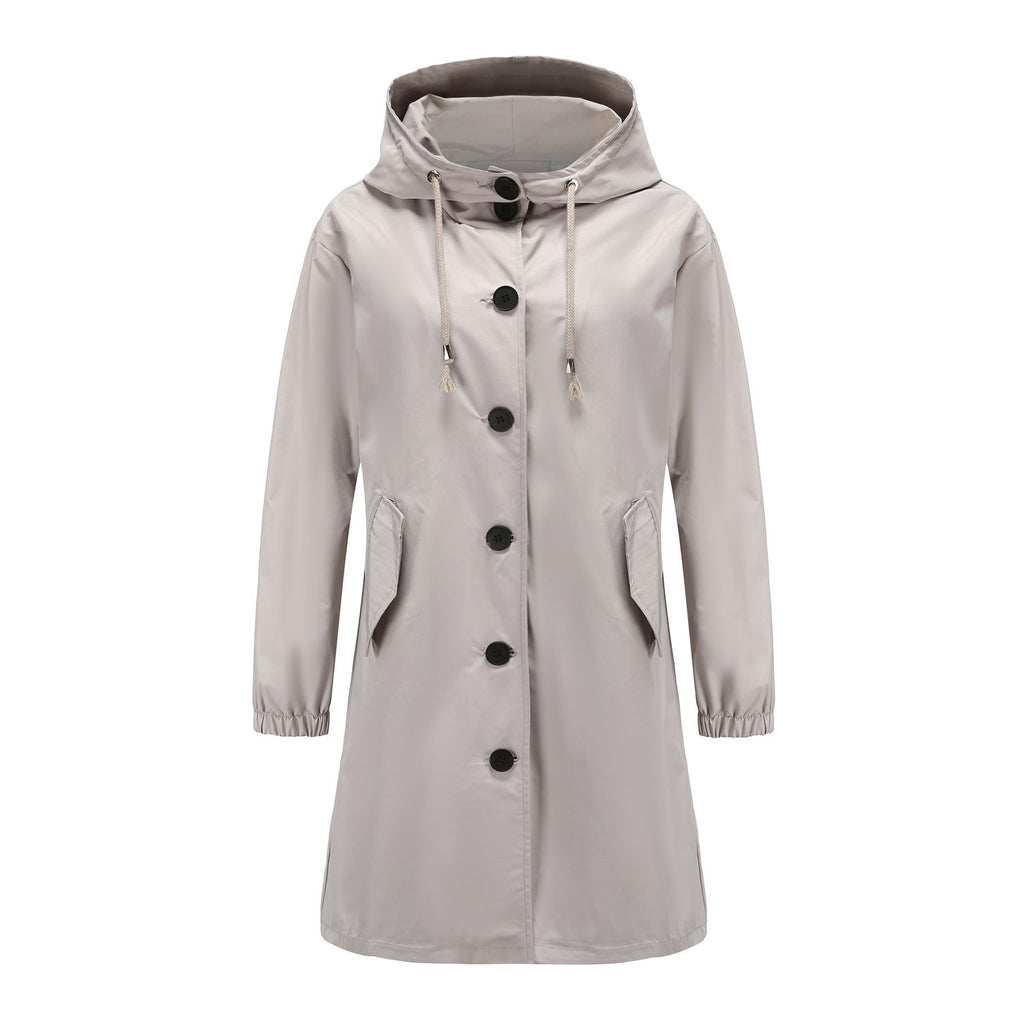Light grey Jesie-London Elsie women’s relaxed fit drawstring hood coat, shown from front view with hood and coat details.