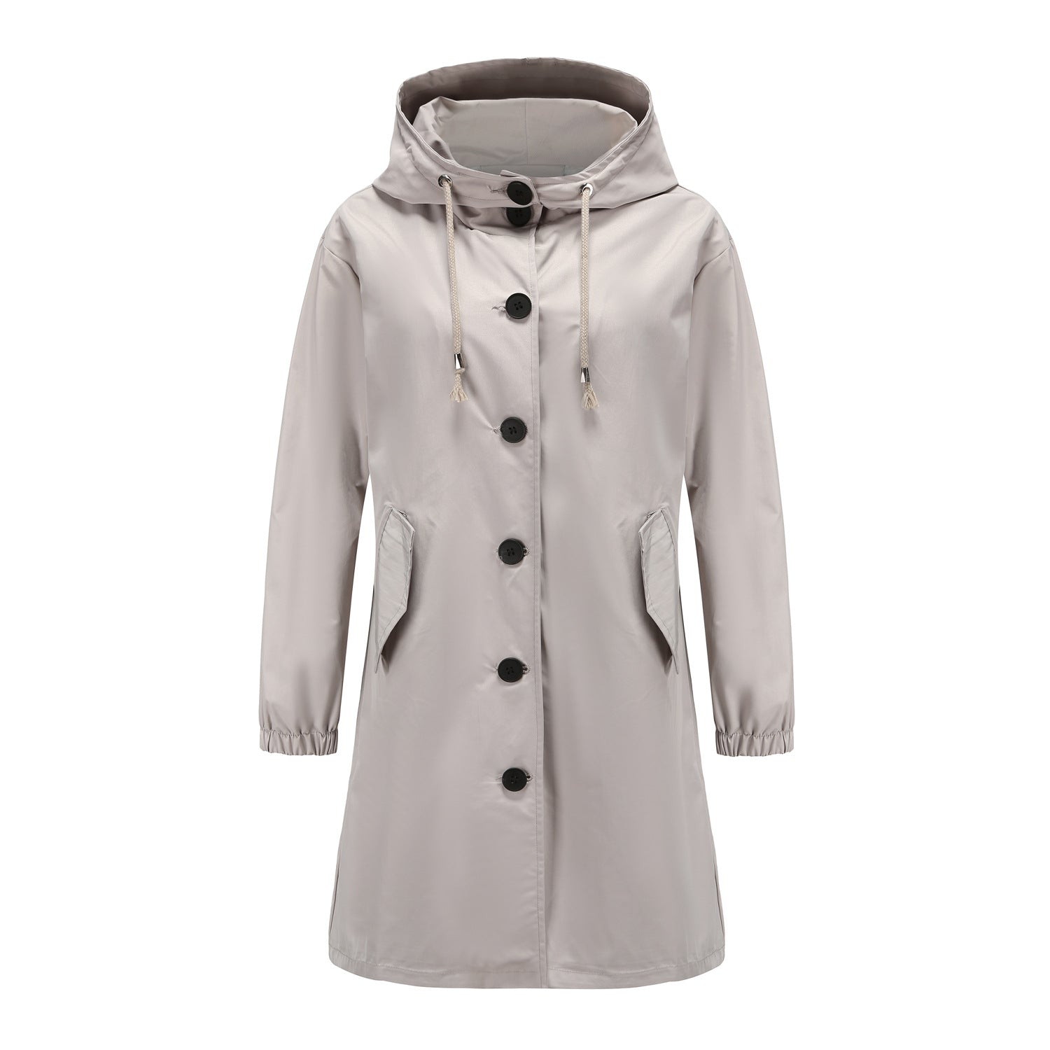 Light grey Jesie-London Elsie women’s relaxed fit drawstring hood coat, shown from front view with hood and coat details.