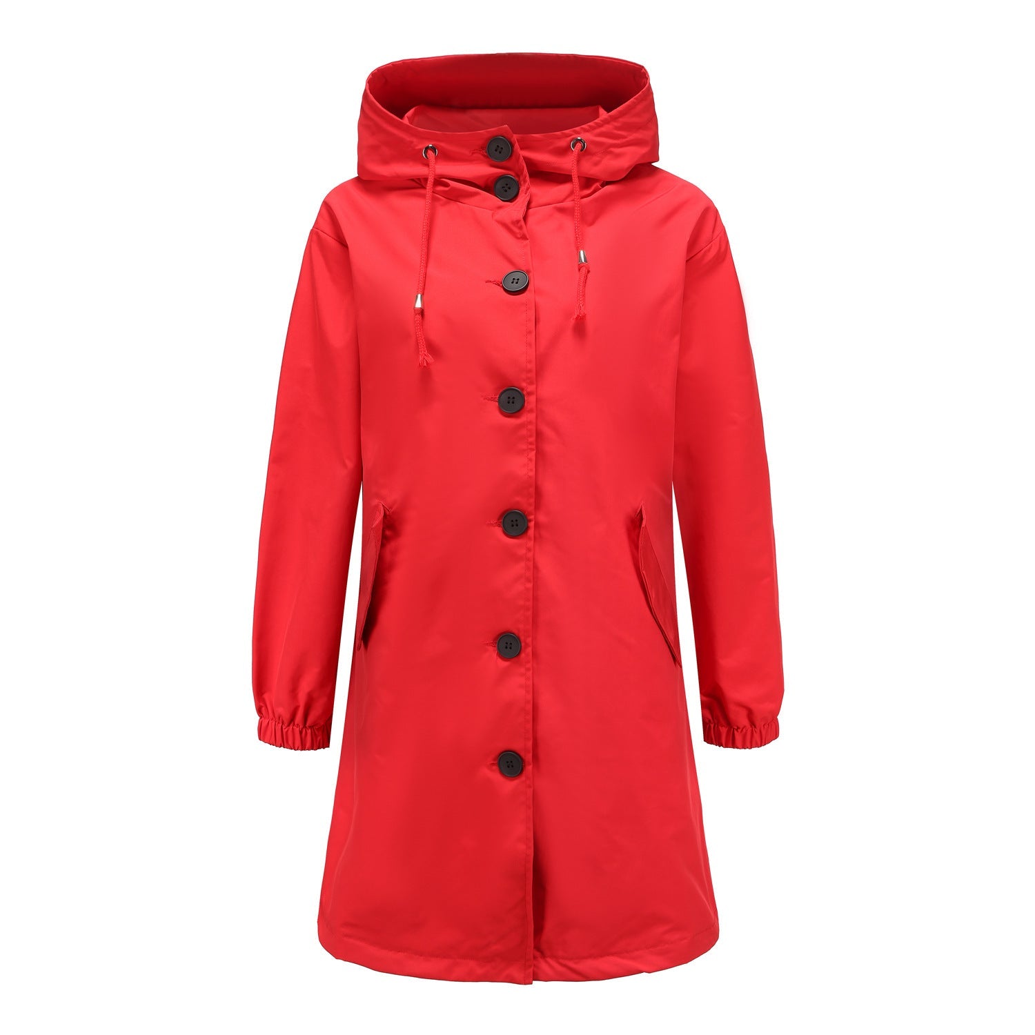 Jesie-London Elsie women's relaxed fit drawstring hood coat in red, featuring a casual style and comfortable fit.