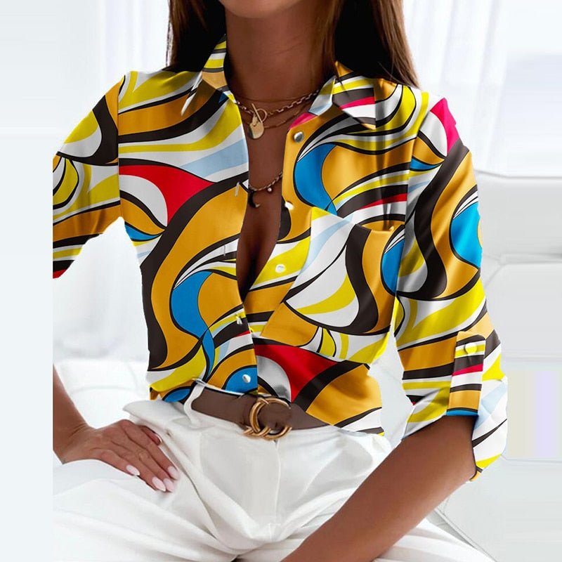 Jesie-London Darcey women's printed long sleeve button top with a fold-over collar, stylish and comfortable for casual wear.