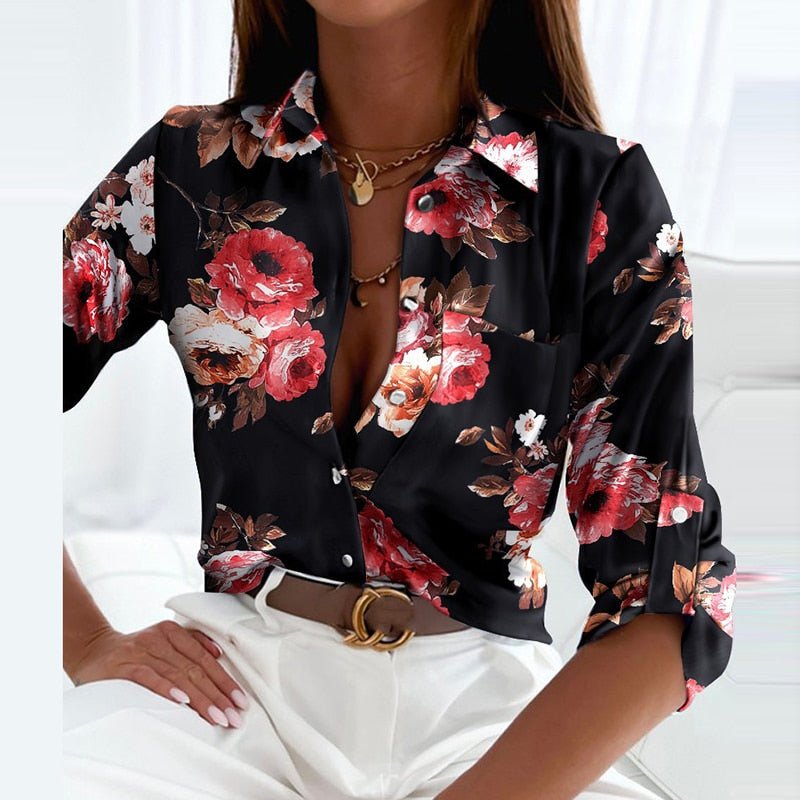 Jesie-London Darcey women's printed long sleeve button top with a fold-over collar, featuring a stylish floral pattern.