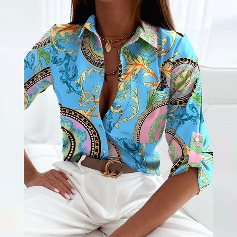 Jesie-London Darcey women's printed long sleeve button top with a fold-over collar, featuring a stylish wolf print design.