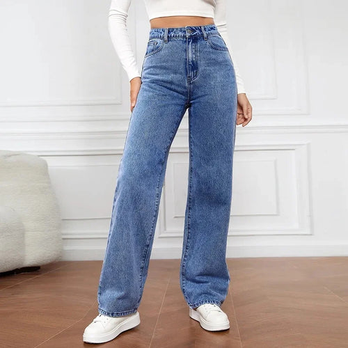 Women wearing Jesie-London Audrey high waist wide leg jeans, showcasing the relaxed fit and classic denim style.