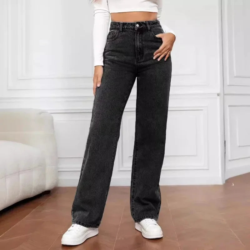 Women wearing Jesie-London Audrey high waist wide leg denim jeans, showcasing a stylish and comfortable fit.