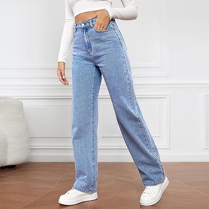 Women wearing Jesie-London Audrey high waist wide leg jeans, showcasing relaxed fit and classic denim style.