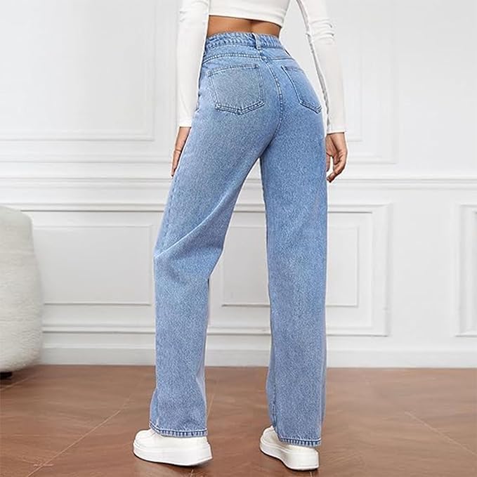 Women wearing Jesie-London Audrey high waist wide-leg denim jeans, showcasing a relaxed fit and stylish silhouette.