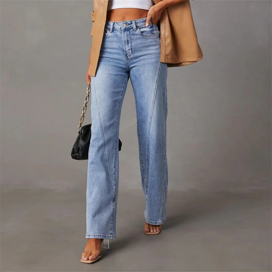 Women’s high-waisted straight leg denim jeans from Jesie-London’s Bianca collection, shown in classic blue denim.