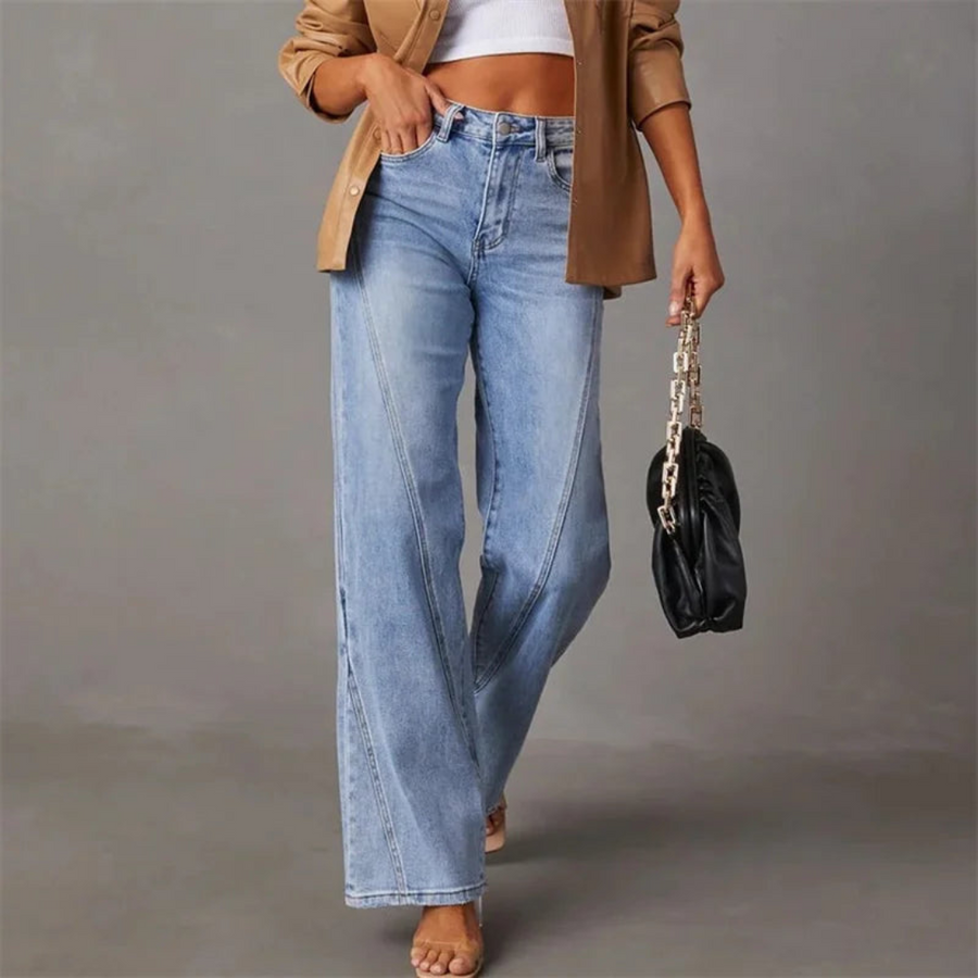 Women’s high-waisted straight leg denim jeans by Jesie-London, showcasing classic fit and blue denim fabric.