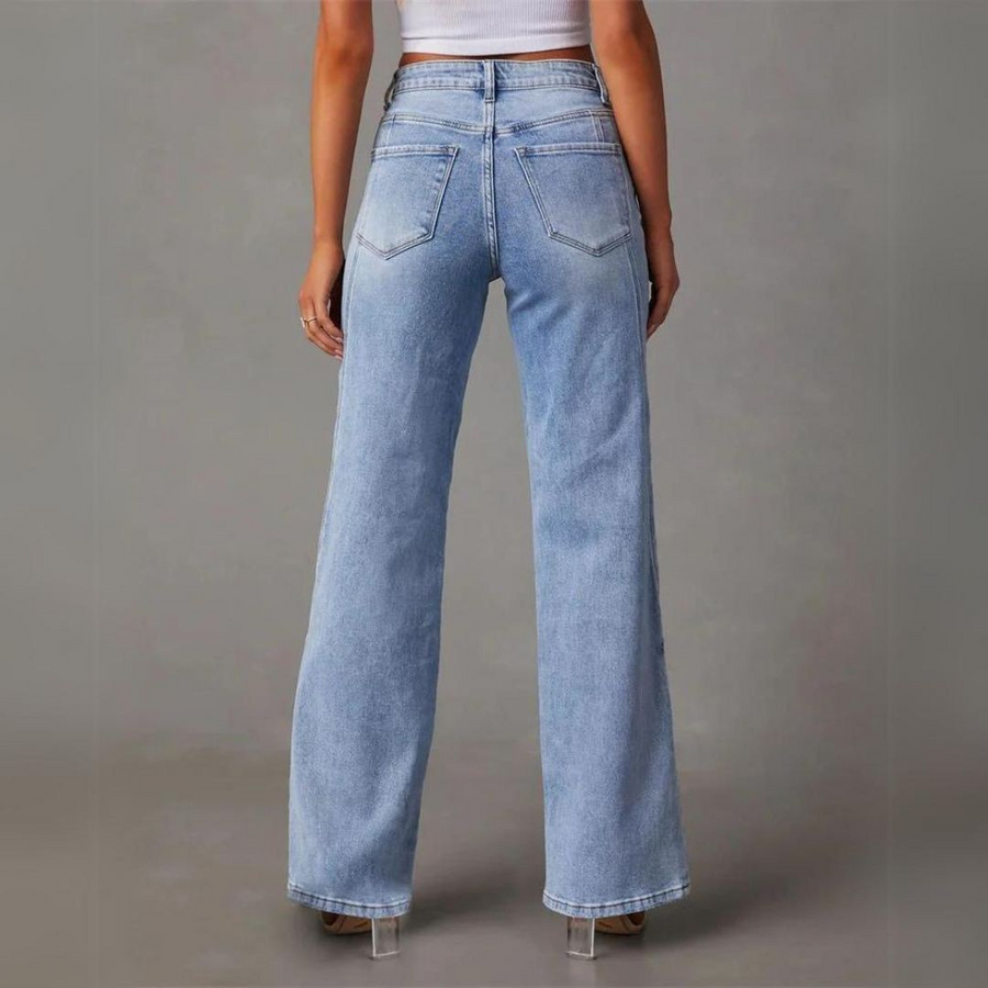 Women’s high-waisted straight-leg denim jeans from Jesie-London, featuring classic style and durable denim fabric.