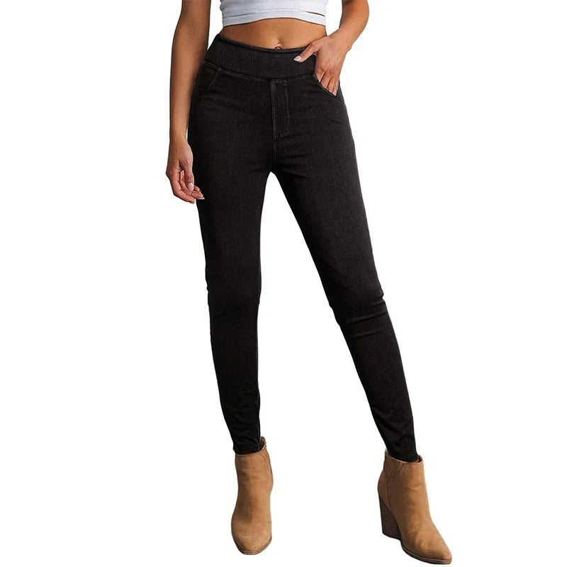 Women’s high-rise skinny jeans by Jesie-London, Bethany slim fit stretch denim pants worn by a woman.