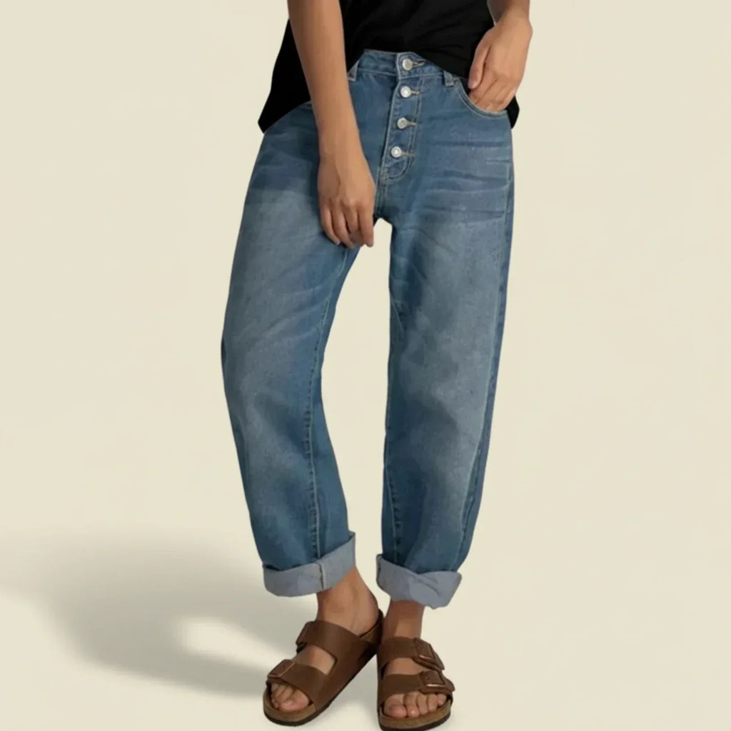 Women wearing Jesie-London Caroline high-waisted button fly jeans, showcasing a stylish fit and classic denim design.