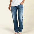 Women wearing Jesie-London Catherine ripped high-rise straight jeans, showcasing distressed denim and classic fit.