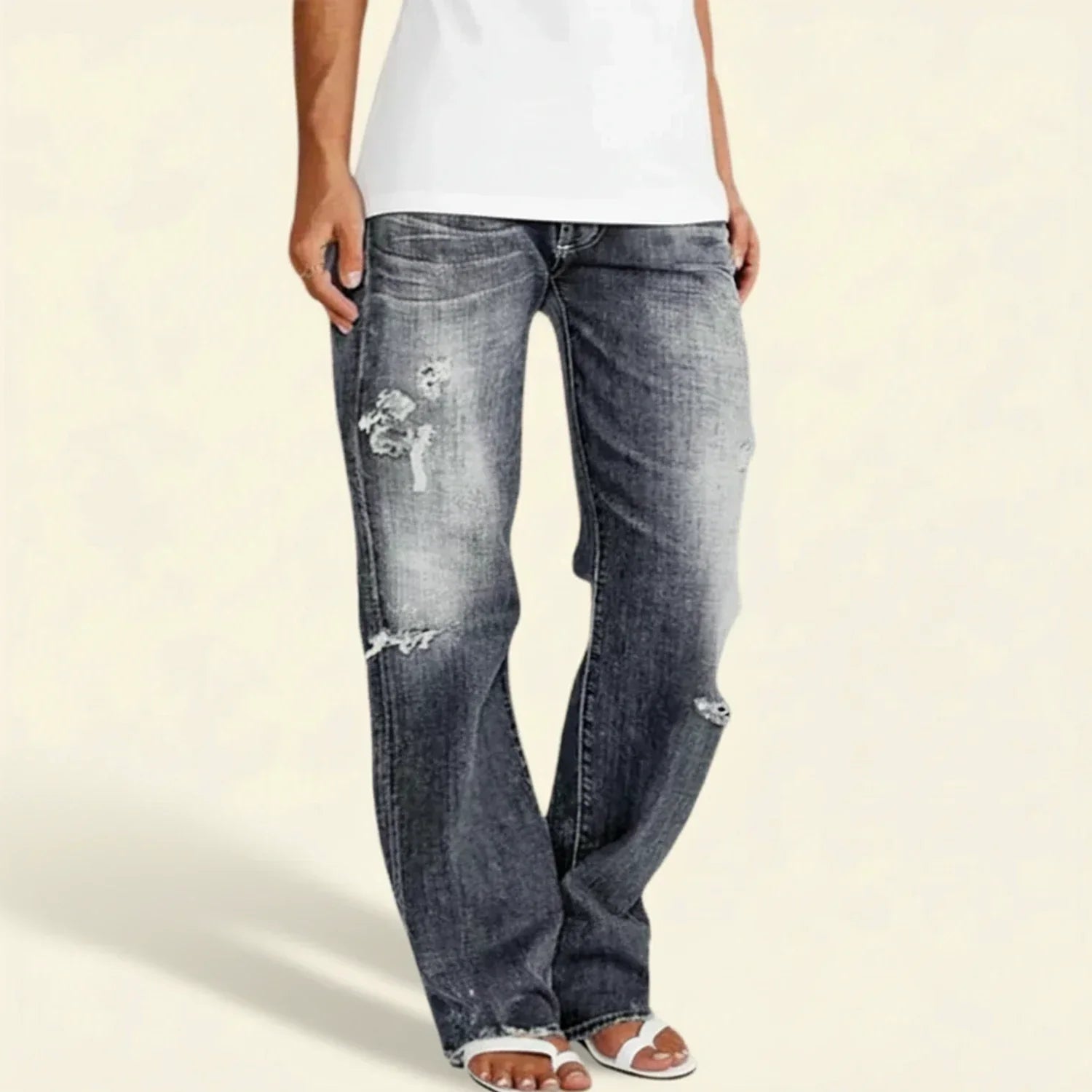 Women’s ripped high-rise straight jeans by Jesie-London, featuring distressed details and a classic fit for casual style.