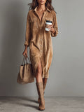 Jesie-London Ava women's button-front long sleeve corduroy midi dress, stylish shirt dress with a classic collar and relaxed fit.