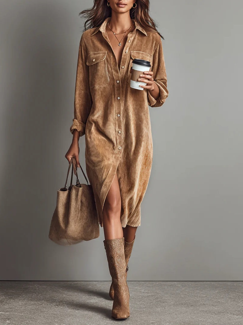 Jesie-London Ava women's button-front long sleeve corduroy midi dress, stylish shirt dress with a classic collar and relaxed fit.